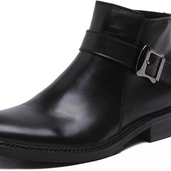 Santimon Men's US 7, 9.5 Black Leather Chelsea Monk Strap Ankle Boots Zipper Buc - Picture 1 of 10